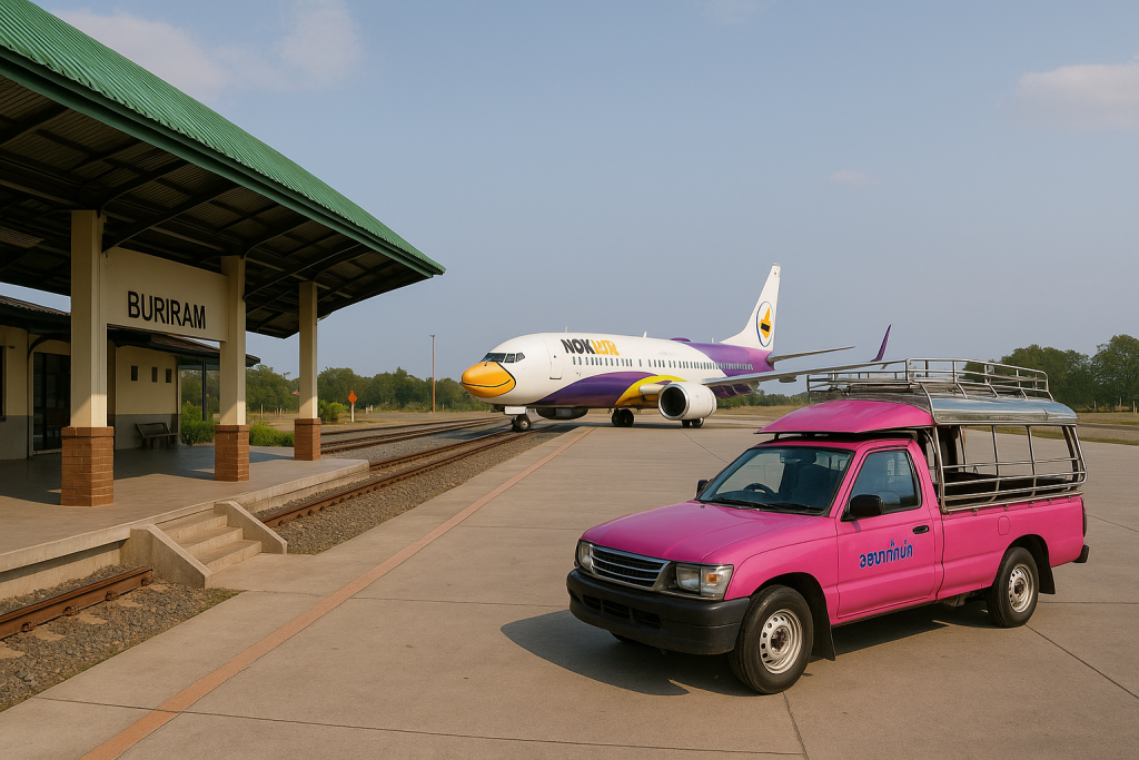 Buriram Thailand airport train station, Nok Air flight arrival, Thai songthaew pink taxi - image 1